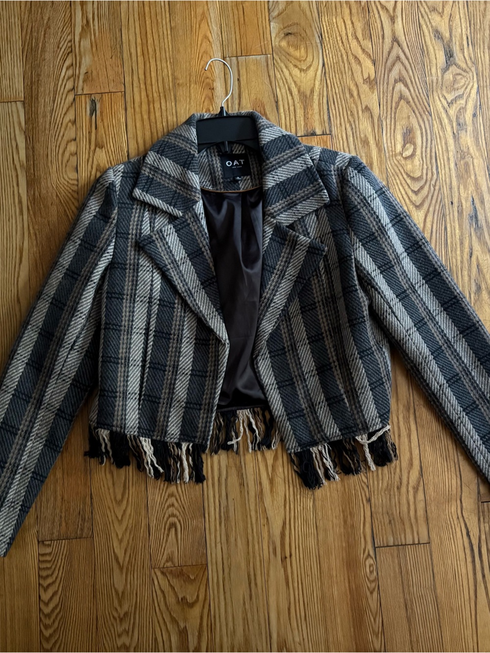 OAT New York Black & Gray Plaid Fringe Coatigan